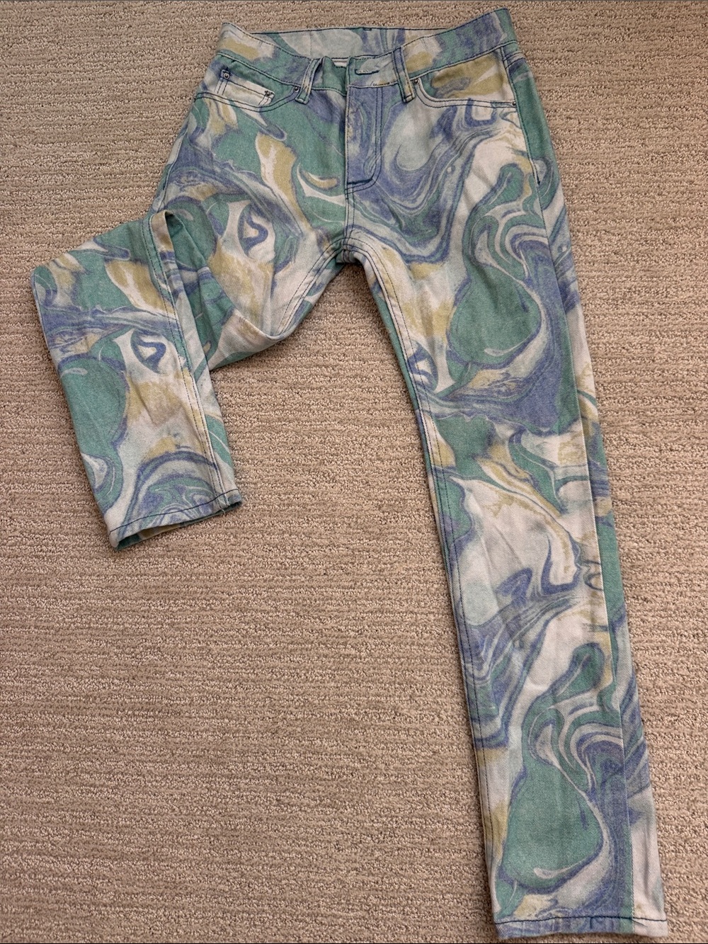 MNML Men's Slim Jeans in Green, Blue, Cream Marble Print size 28